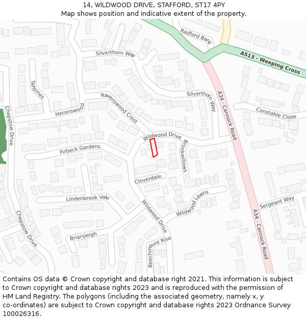 14, WILDWOOD DRIVE, STAFFORD, ST17 4PY: Location map and indicative extent of plot