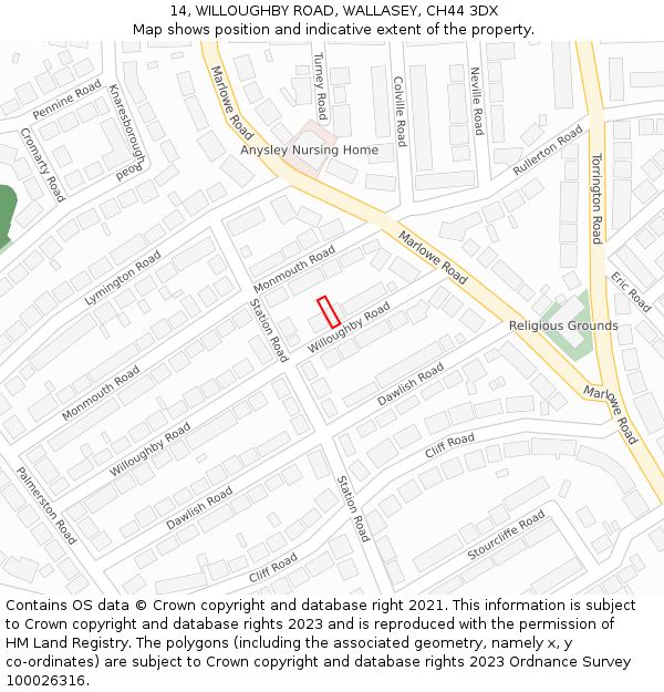 14, WILLOUGHBY ROAD, WALLASEY, CH44 3DX: Location map and indicative extent of plot