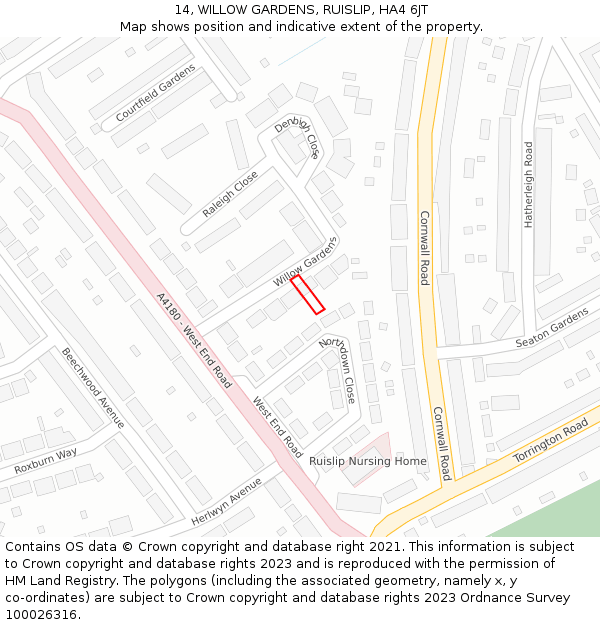14, WILLOW GARDENS, RUISLIP, HA4 6JT: Location map and indicative extent of plot