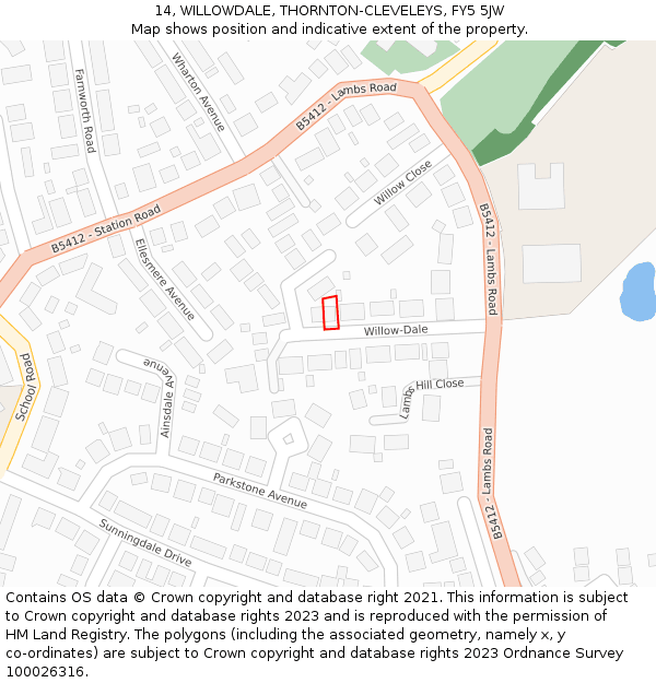 14, WILLOWDALE, THORNTON-CLEVELEYS, FY5 5JW: Location map and indicative extent of plot