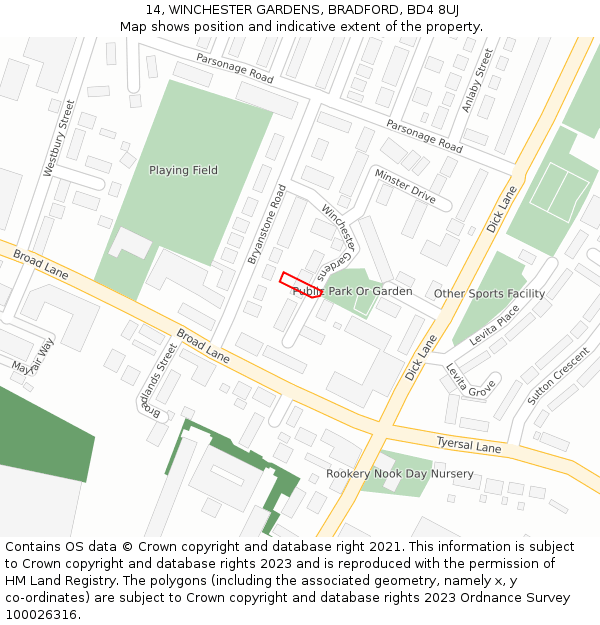 14, WINCHESTER GARDENS, BRADFORD, BD4 8UJ: Location map and indicative extent of plot