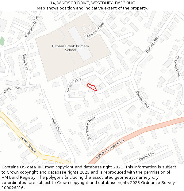 14, WINDSOR DRIVE, WESTBURY, BA13 3UG: Location map and indicative extent of plot