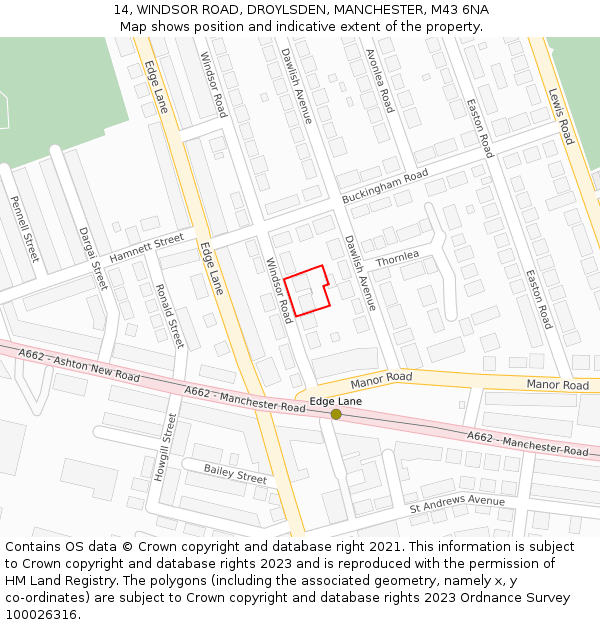 14, WINDSOR ROAD, DROYLSDEN, MANCHESTER, M43 6NA: Location map and indicative extent of plot