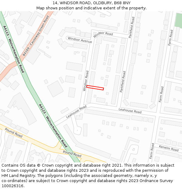 14, WINDSOR ROAD, OLDBURY, B68 8NY: Location map and indicative extent of plot