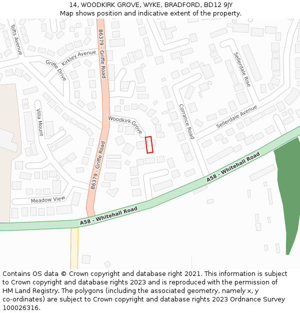 14, WOODKIRK GROVE, WYKE, BRADFORD, BD12 9JY: Location map and indicative extent of plot