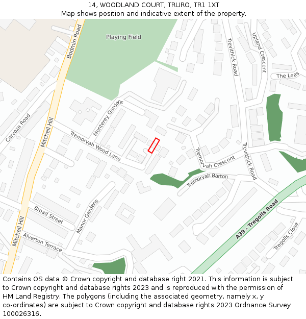 14, WOODLAND COURT, TRURO, TR1 1XT: Location map and indicative extent of plot