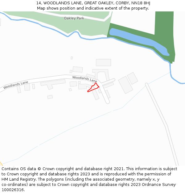 14, WOODLANDS LANE, GREAT OAKLEY, CORBY, NN18 8HJ: Location map and indicative extent of plot
