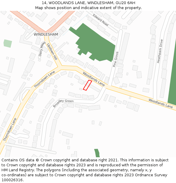 14, WOODLANDS LANE, WINDLESHAM, GU20 6AH: Location map and indicative extent of plot