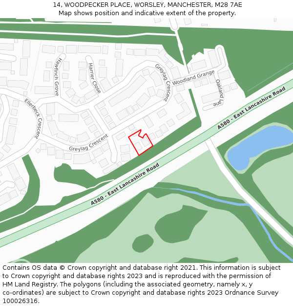 14, WOODPECKER PLACE, WORSLEY, MANCHESTER, M28 7AE: Location map and indicative extent of plot
