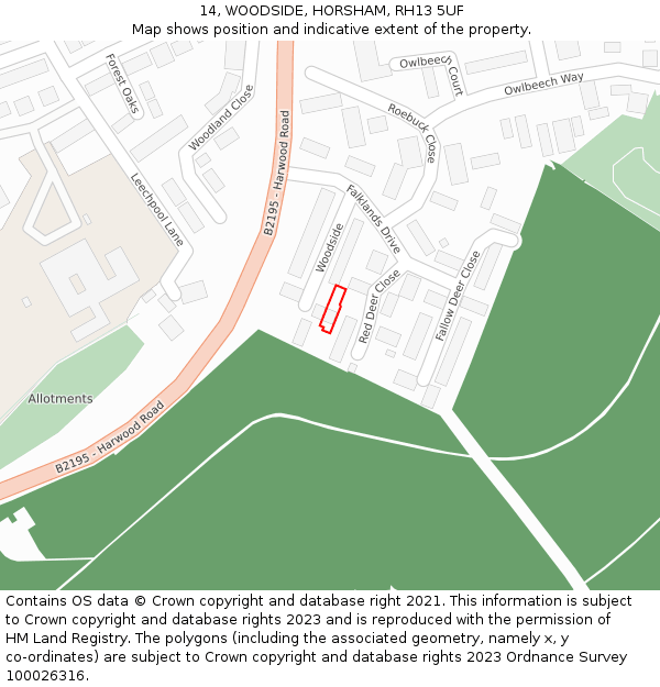 14, WOODSIDE, HORSHAM, RH13 5UF: Location map and indicative extent of plot