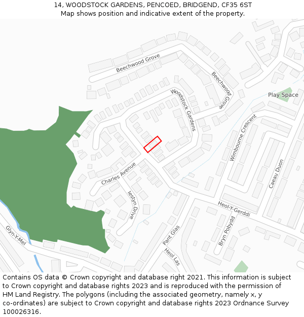 14, WOODSTOCK GARDENS, PENCOED, BRIDGEND, CF35 6ST: Location map and indicative extent of plot