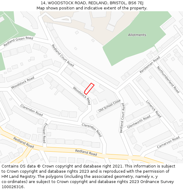 14, WOODSTOCK ROAD, REDLAND, BRISTOL, BS6 7EJ: Location map and indicative extent of plot