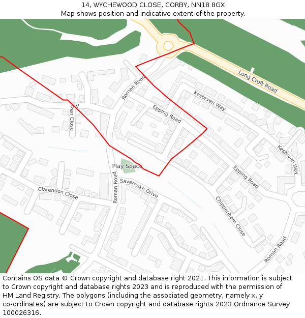 14, WYCHEWOOD CLOSE, CORBY, NN18 8GX: Location map and indicative extent of plot