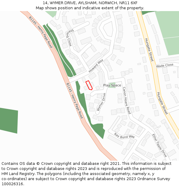 14, WYMER DRIVE, AYLSHAM, NORWICH, NR11 6XF: Location map and indicative extent of plot
