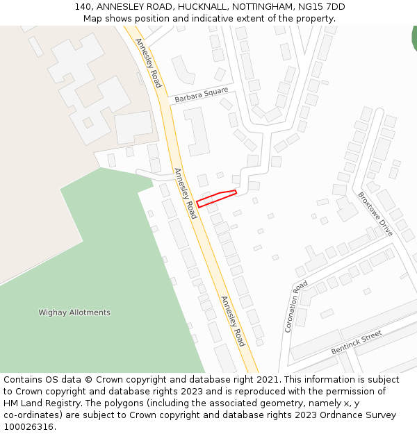 140, ANNESLEY ROAD, HUCKNALL, NOTTINGHAM, NG15 7DD: Location map and indicative extent of plot