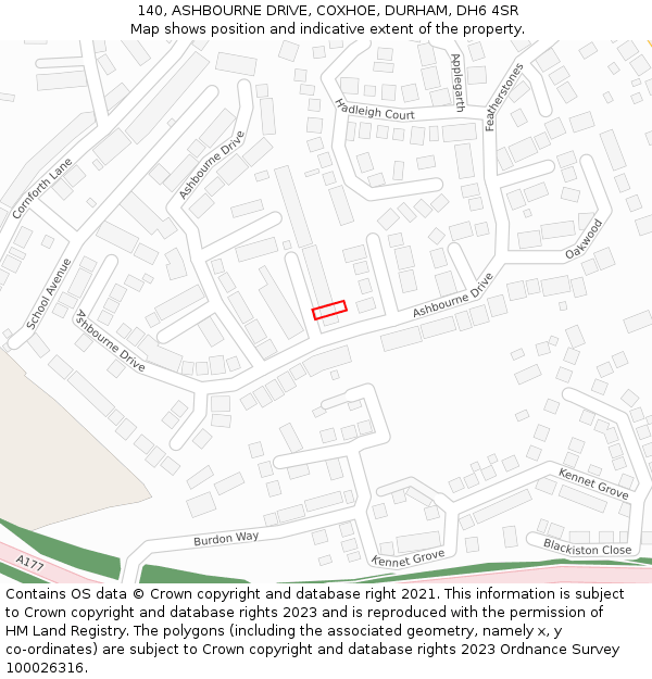 140, ASHBOURNE DRIVE, COXHOE, DURHAM, DH6 4SR: Location map and indicative extent of plot