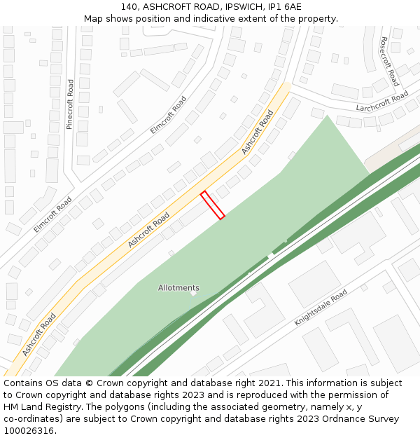 140, ASHCROFT ROAD, IPSWICH, IP1 6AE: Location map and indicative extent of plot