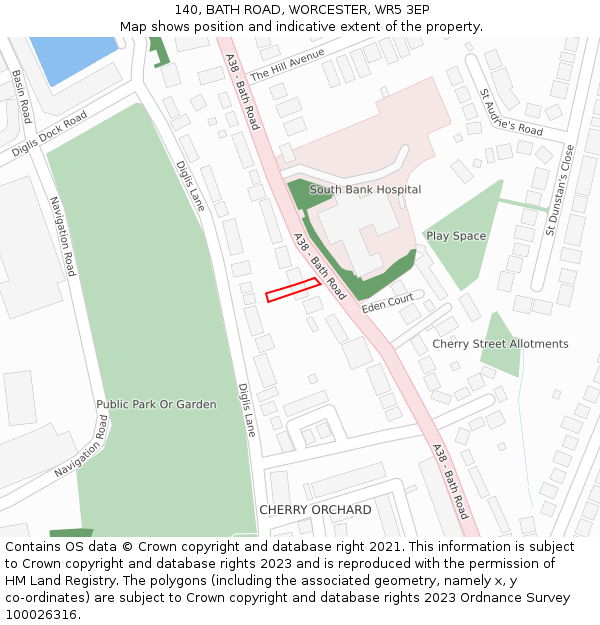 140, BATH ROAD, WORCESTER, WR5 3EP: Location map and indicative extent of plot