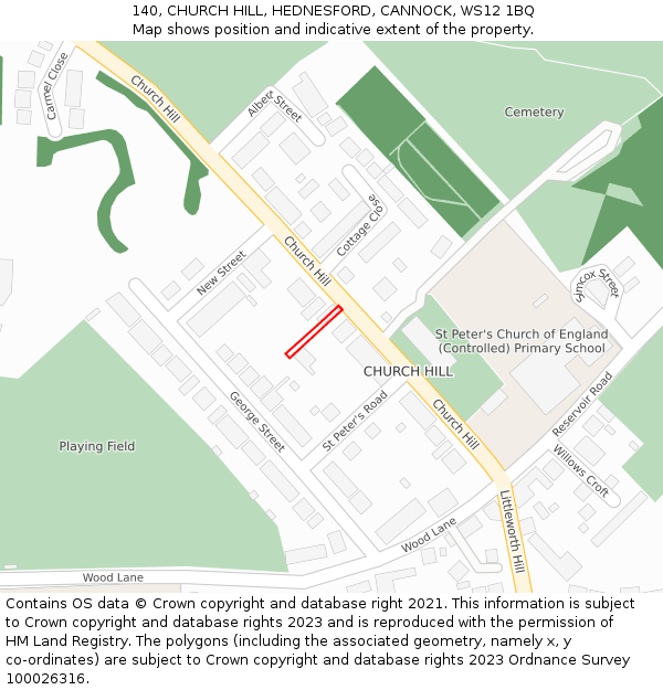 140, CHURCH HILL, HEDNESFORD, CANNOCK, WS12 1BQ: Location map and indicative extent of plot