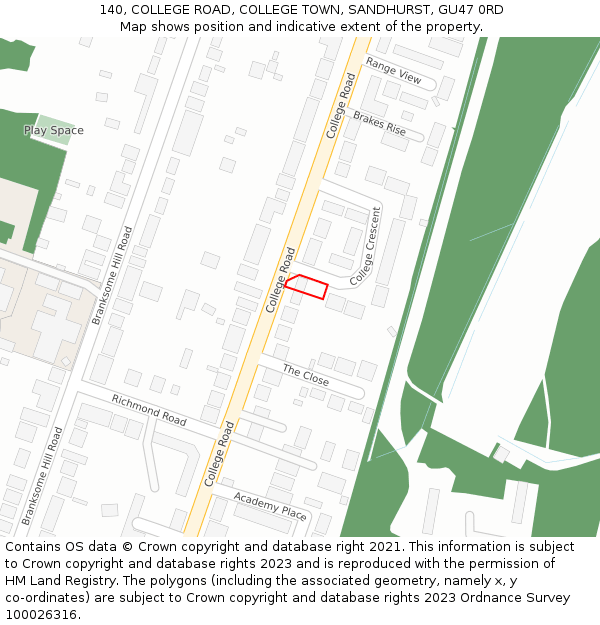 140, COLLEGE ROAD, COLLEGE TOWN, SANDHURST, GU47 0RD: Location map and indicative extent of plot