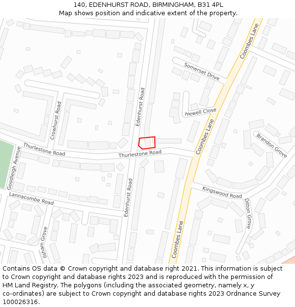 140, EDENHURST ROAD, BIRMINGHAM, B31 4PL: Location map and indicative extent of plot
