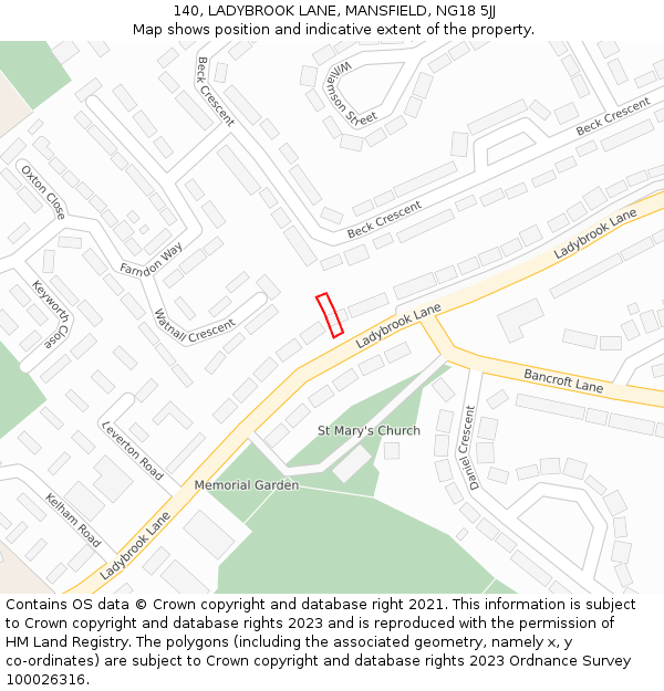 140, LADYBROOK LANE, MANSFIELD, NG18 5JJ: Location map and indicative extent of plot