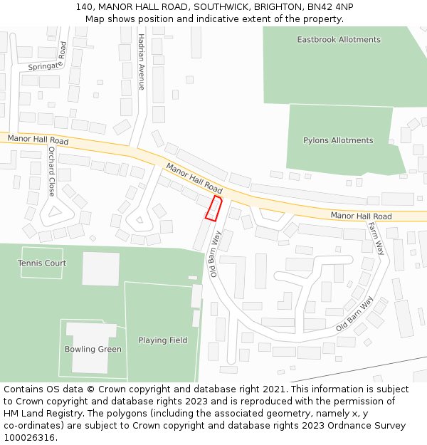 140, MANOR HALL ROAD, SOUTHWICK, BRIGHTON, BN42 4NP: Location map and indicative extent of plot