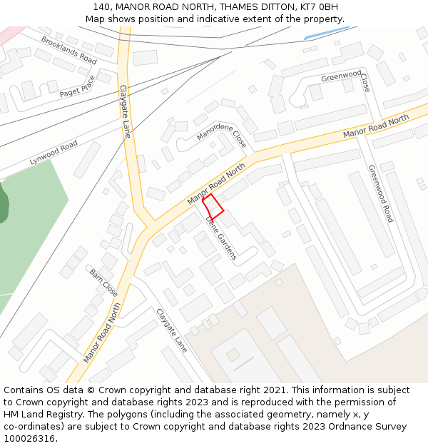 140, MANOR ROAD NORTH, THAMES DITTON, KT7 0BH: Location map and indicative extent of plot