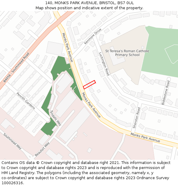 140, MONKS PARK AVENUE, BRISTOL, BS7 0UL: Location map and indicative extent of plot