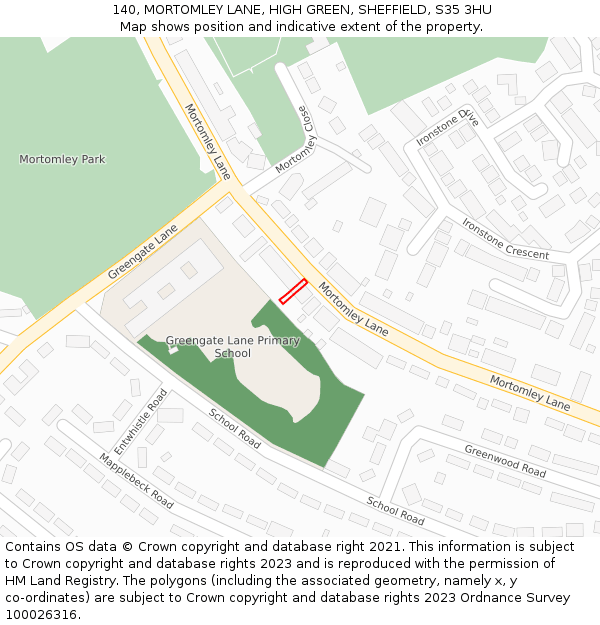 140, MORTOMLEY LANE, HIGH GREEN, SHEFFIELD, S35 3HU: Location map and indicative extent of plot