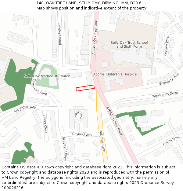 140, OAK TREE LANE, SELLY OAK, BIRMINGHAM, B29 6HU: Location map and indicative extent of plot