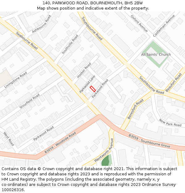 140, PARKWOOD ROAD, BOURNEMOUTH, BH5 2BW: Location map and indicative extent of plot