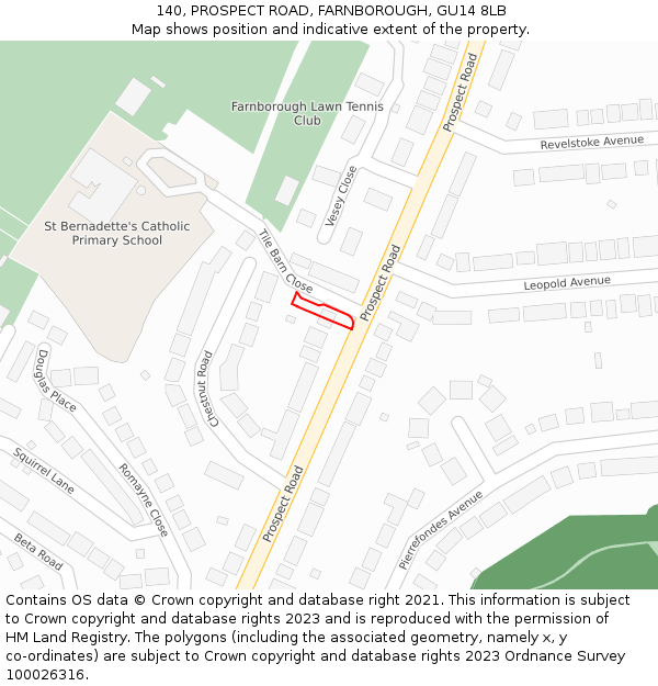 140, PROSPECT ROAD, FARNBOROUGH, GU14 8LB: Location map and indicative extent of plot