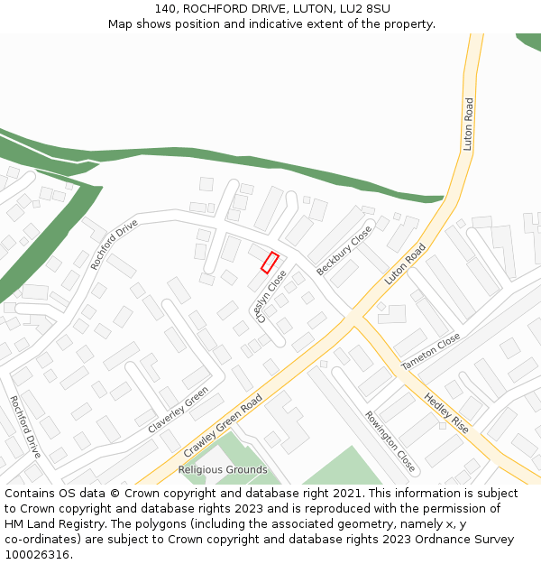 140, ROCHFORD DRIVE, LUTON, LU2 8SU: Location map and indicative extent of plot