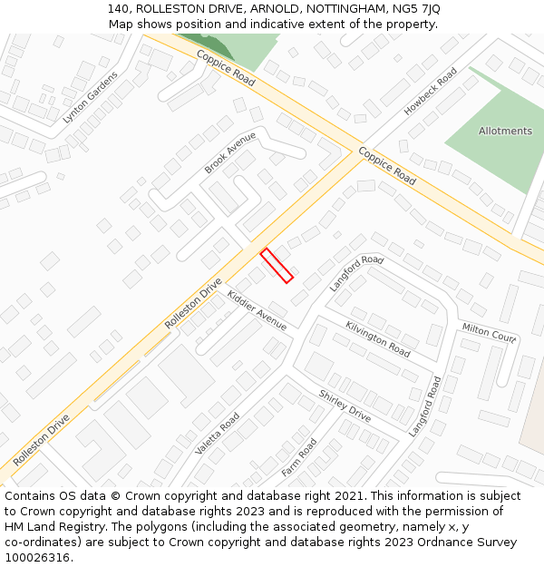 140, ROLLESTON DRIVE, ARNOLD, NOTTINGHAM, NG5 7JQ: Location map and indicative extent of plot