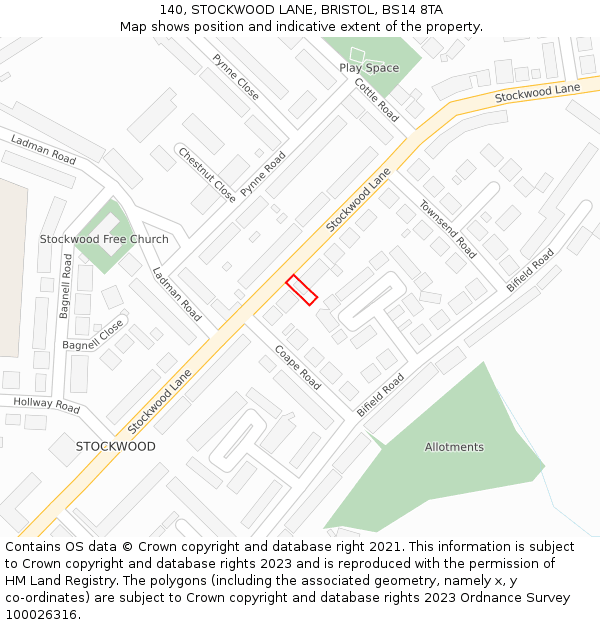 140, STOCKWOOD LANE, BRISTOL, BS14 8TA: Location map and indicative extent of plot