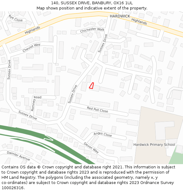 140, SUSSEX DRIVE, BANBURY, OX16 1UL: Location map and indicative extent of plot