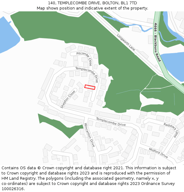 140, TEMPLECOMBE DRIVE, BOLTON, BL1 7TD: Location map and indicative extent of plot
