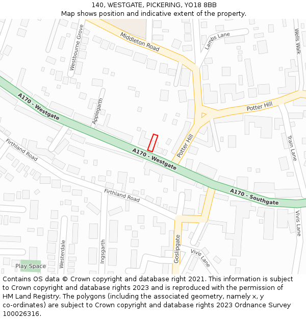 140, WESTGATE, PICKERING, YO18 8BB: Location map and indicative extent of plot