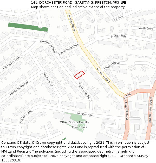 141, DORCHESTER ROAD, GARSTANG, PRESTON, PR3 1FE: Location map and indicative extent of plot