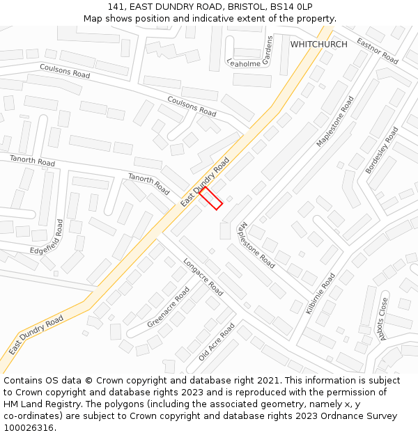 141, EAST DUNDRY ROAD, BRISTOL, BS14 0LP: Location map and indicative extent of plot