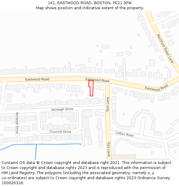 141, EASTWOOD ROAD, BOSTON, PE21 0PW: Location map and indicative extent of plot