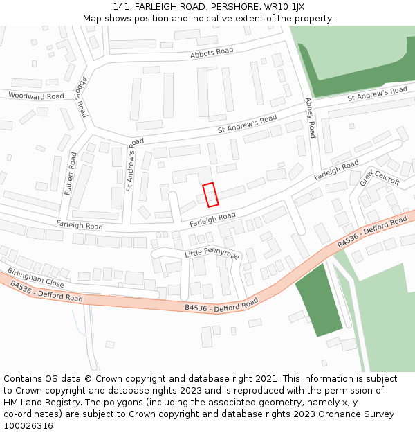 141, FARLEIGH ROAD, PERSHORE, WR10 1JX: Location map and indicative extent of plot