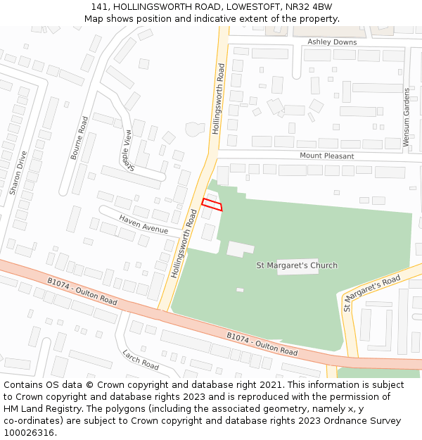 141, HOLLINGSWORTH ROAD, LOWESTOFT, NR32 4BW: Location map and indicative extent of plot