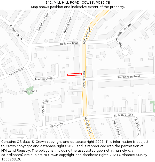 141, MILL HILL ROAD, COWES, PO31 7EJ: Location map and indicative extent of plot