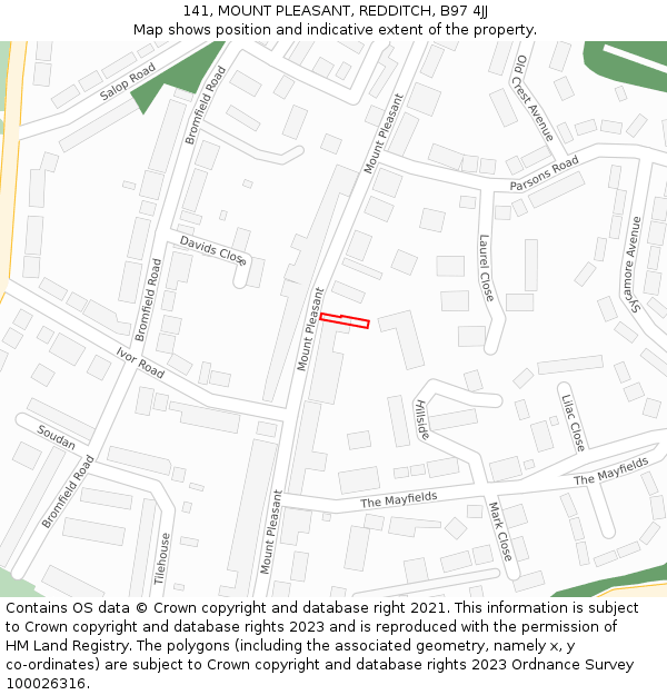 141, MOUNT PLEASANT, REDDITCH, B97 4JJ: Location map and indicative extent of plot
