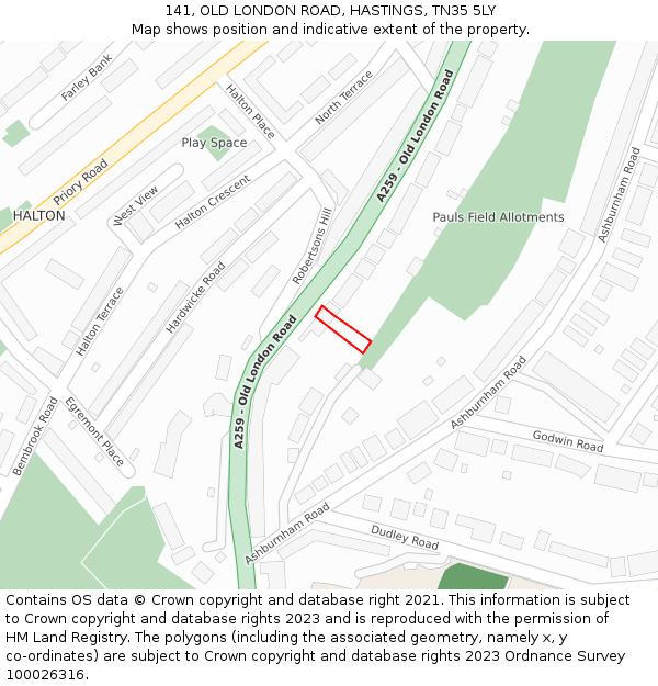 141, OLD LONDON ROAD, HASTINGS, TN35 5LY: Location map and indicative extent of plot