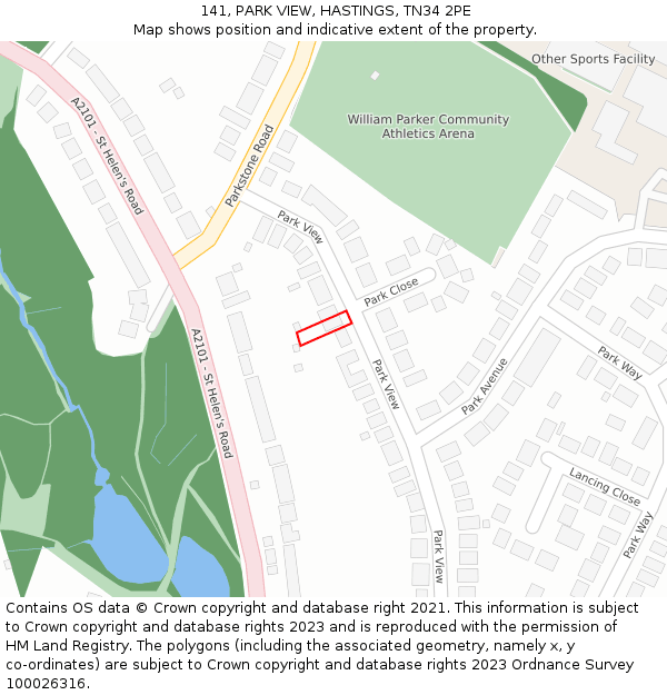 141, PARK VIEW, HASTINGS, TN34 2PE: Location map and indicative extent of plot