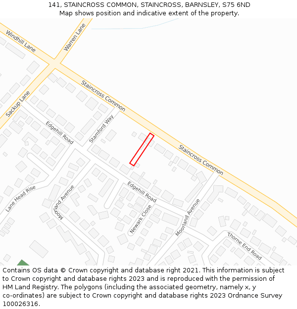 141, STAINCROSS COMMON, STAINCROSS, BARNSLEY, S75 6ND: Location map and indicative extent of plot