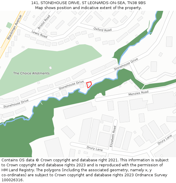 141, STONEHOUSE DRIVE, ST LEONARDS-ON-SEA, TN38 9BS: Location map and indicative extent of plot
